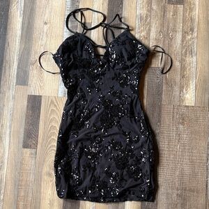 Black Sequin Floral Mini Dress with Strappy Back